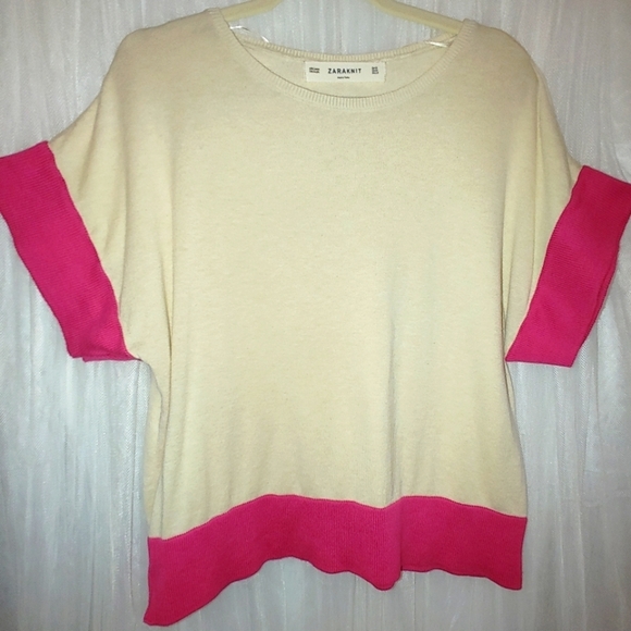 Zaraknit Pink and Cream Short Sleeve Sweater Size M - Picture 1 of 4